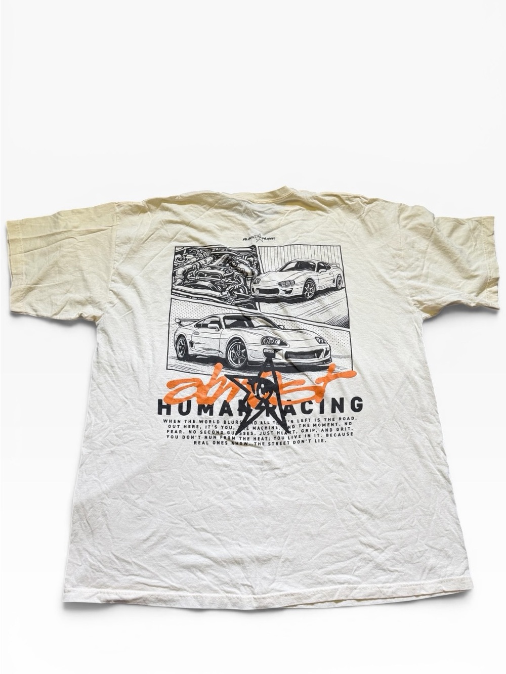 Almost Famous White Graphic Racing Tee with Orange Script